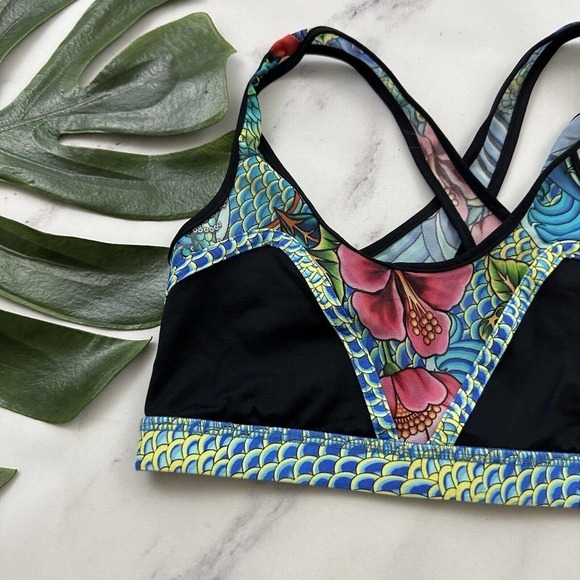 Luli Fama Fit Womens Sport Bra Size S Blue Black Retro Tattoo Print Mesh - Picture 3 of 5